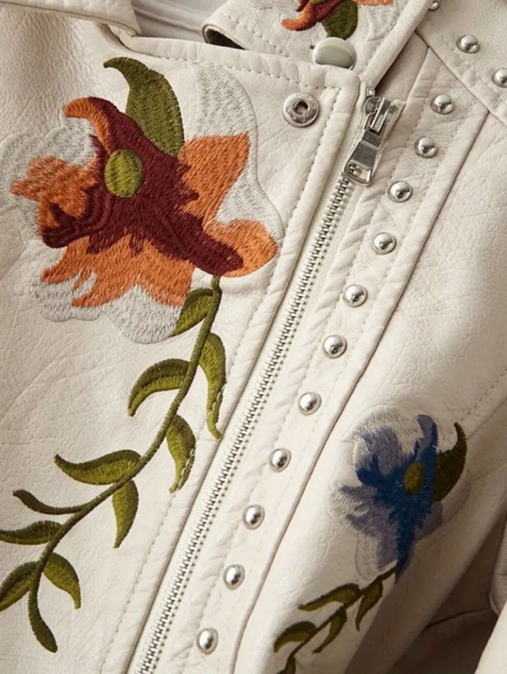 Women Floral Embroidered Moto PU Jacket Coat - Picture 4 of 7